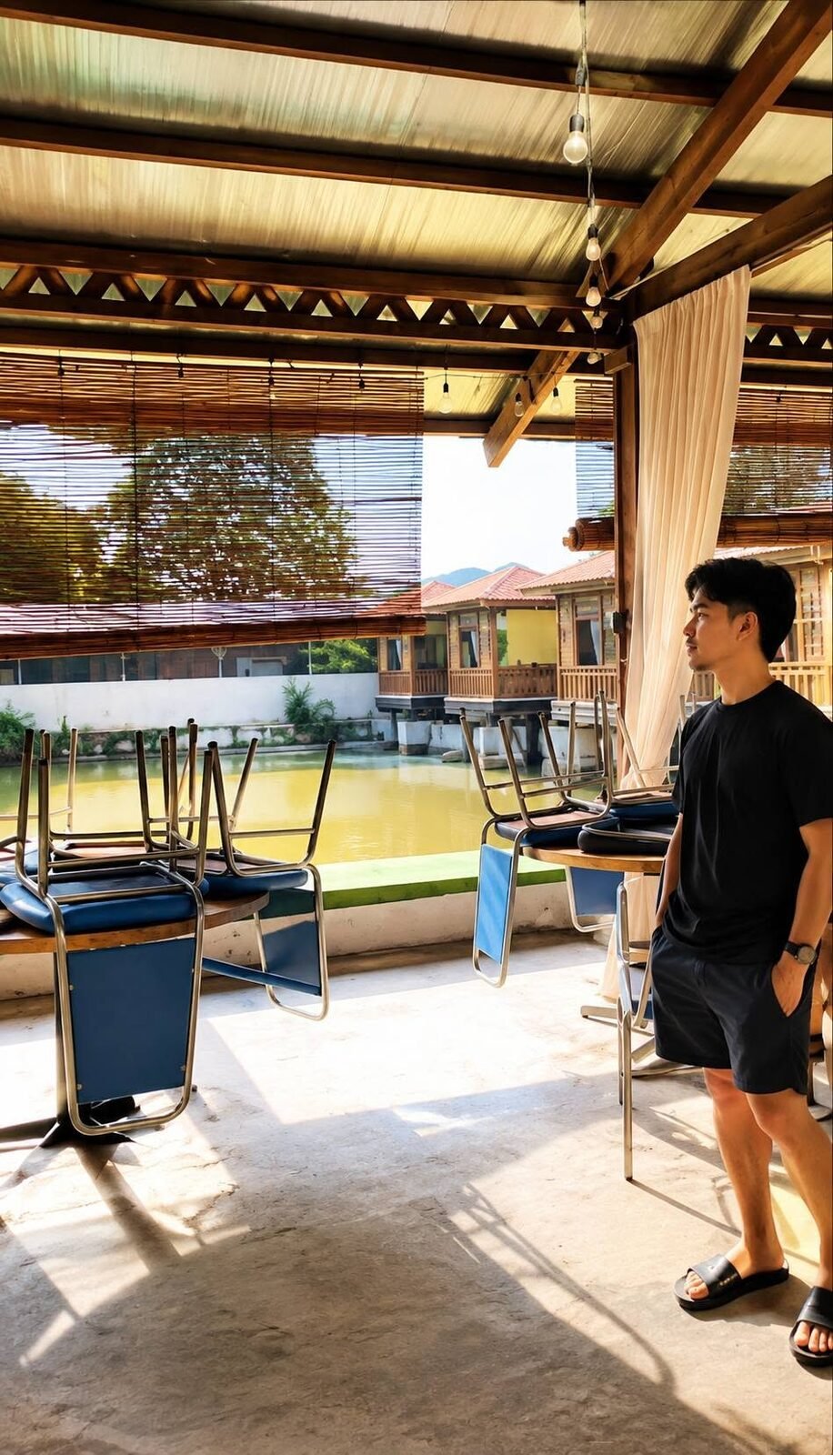 Covered timber terrace with event seating overlooking the greenery and pond
