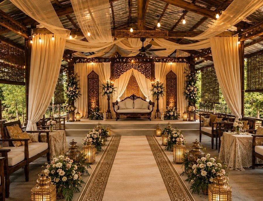 Timber event hall with a decorated pelamin, aisle runner, florals and hanging lights