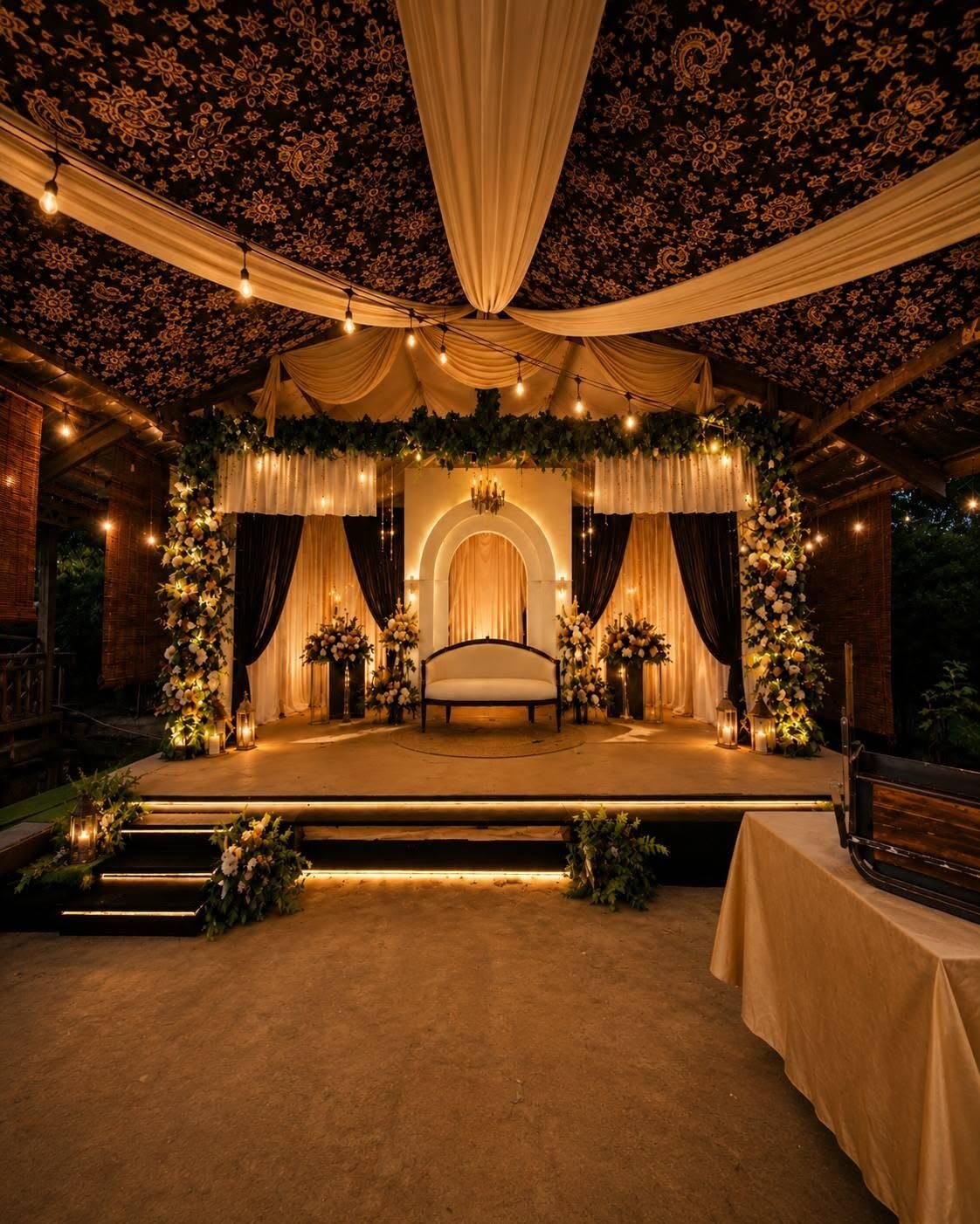 Traditional Set Tunang pelamin lit at night with drapes, greenery and lanterns