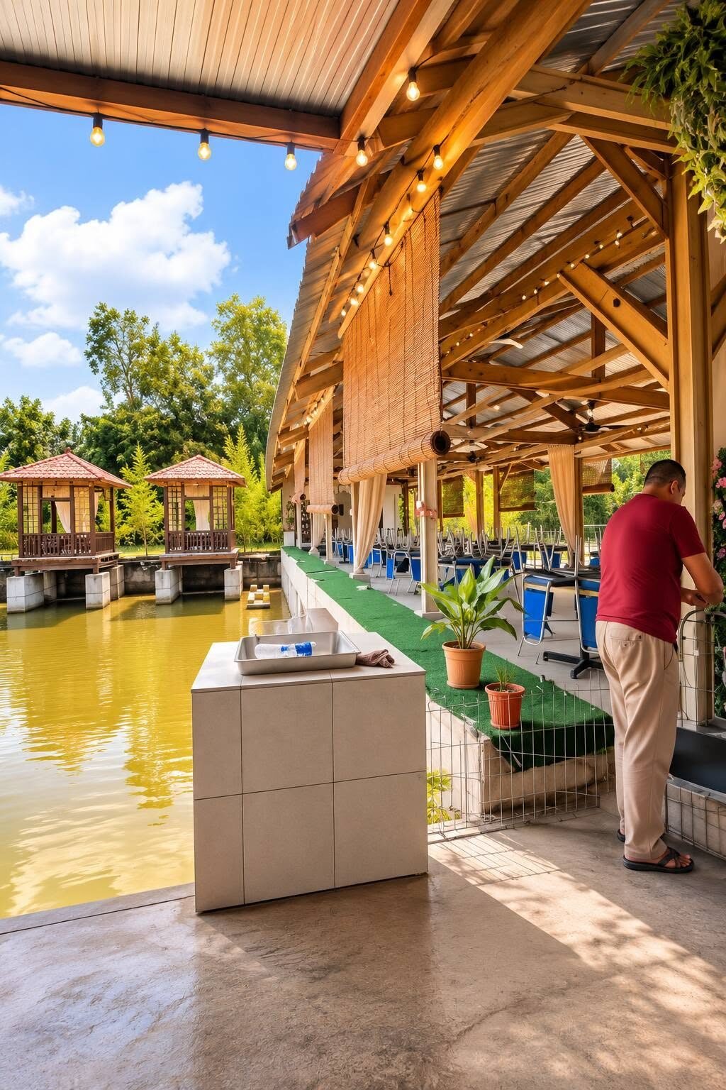 Timber gazebos beside the water in the daytime grounds of YMT The Kayu Hall